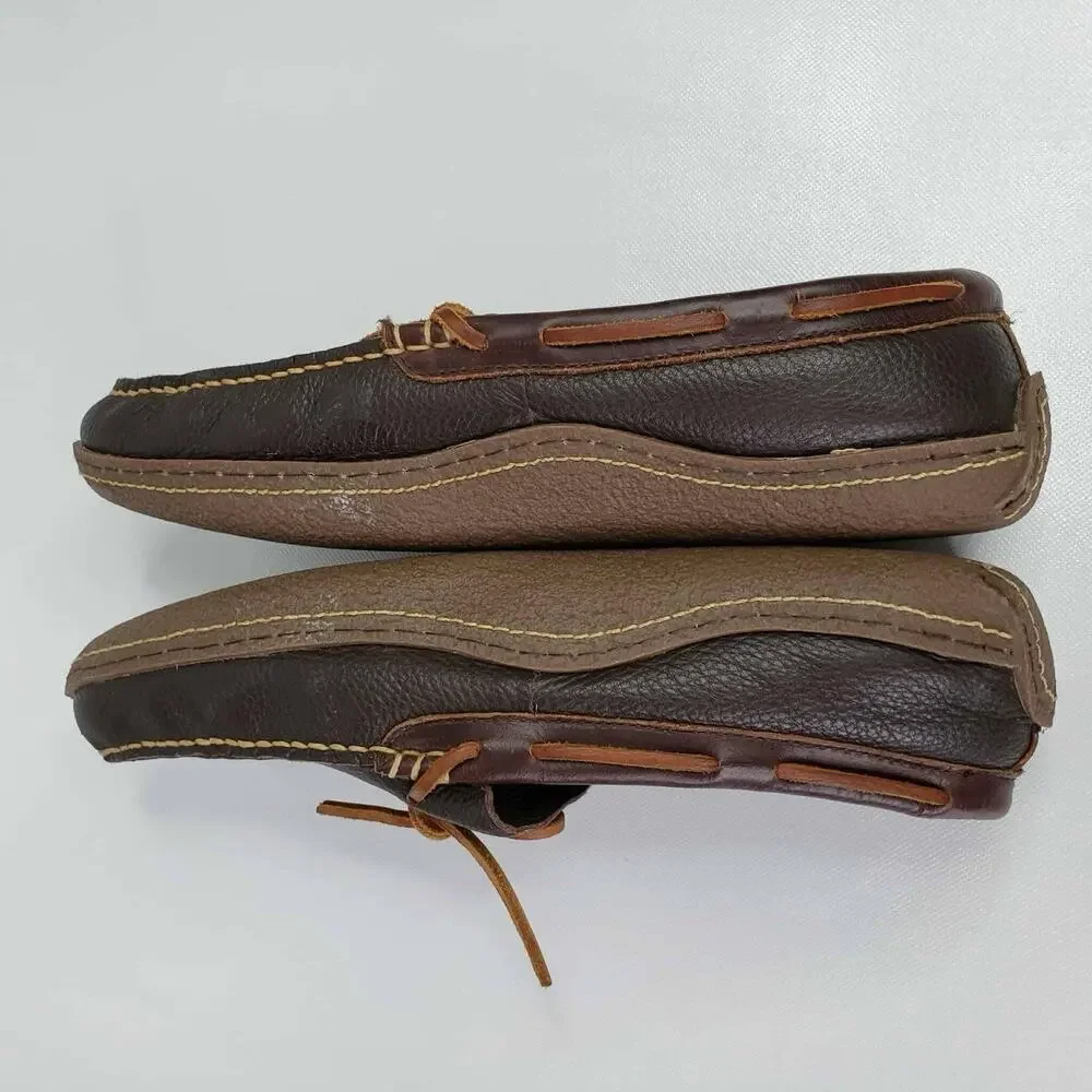 LL Bean Leather Slippers Men’s Size 10 Brown Flannel Lined Moccasin Comfort